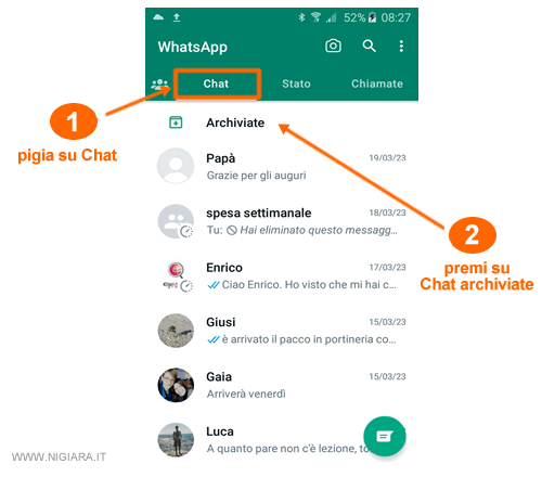 premi su Chat e poi su Chat archiviate in fondo allo schermo