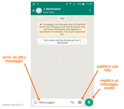 scrivi un nuovo messaggio sullo stesso broadcast di Whatsapp
