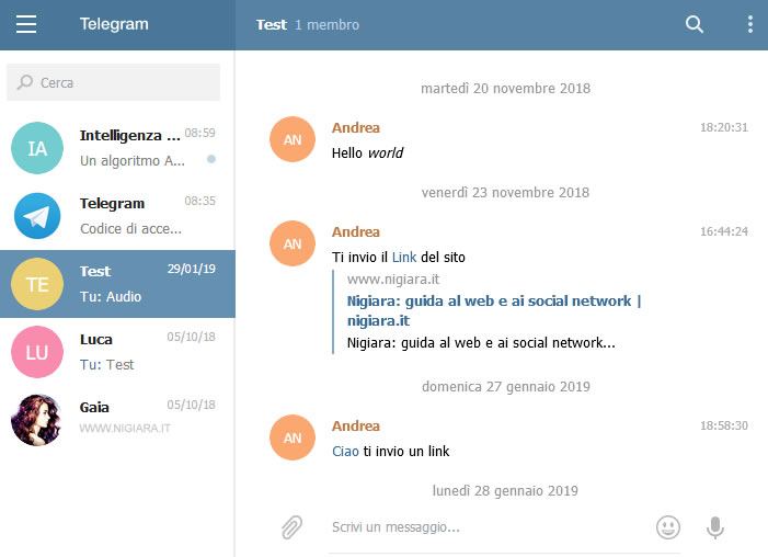 il pannello di Telegram Web sul browser Chrome