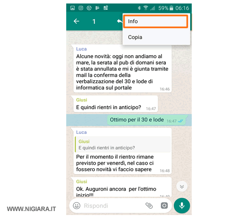 premi su Info per vedere chi ha letto il tuo messaggio