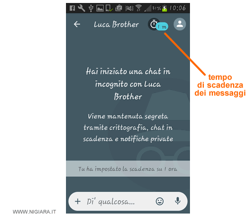la visualizzazione del tempo di scadenza dei messaggi è in alto a destra