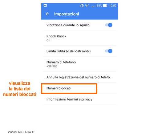 seleziona la voce Numeri bloccati