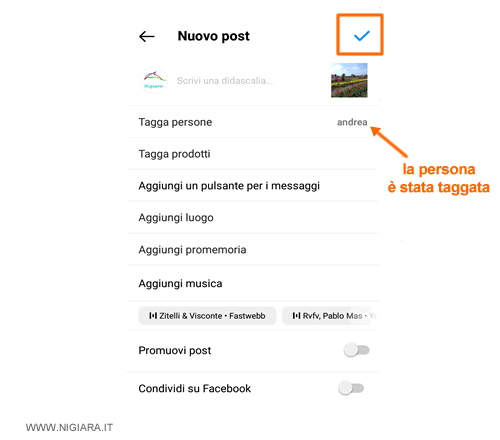 premi di nuovo sulla spunta in alto a destra per condividere la foto