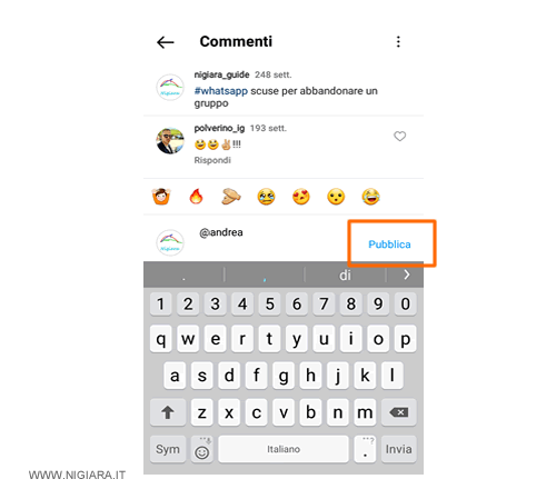 premi sul pulsante blu per inviare il commento con il tag