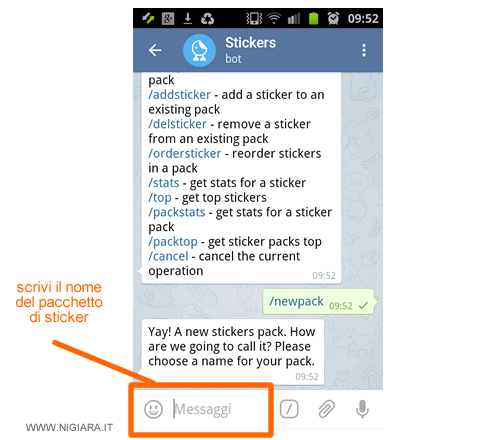 digita il nome del pacchetto sticker