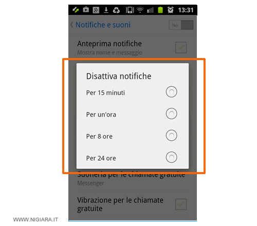 disattiva temporaneamente le notifiche su Messenger