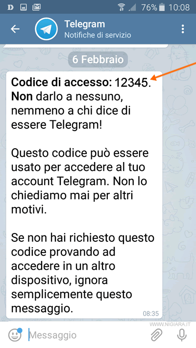 Telegram ti spedisce un SMS via app con il codice numerico di accesso