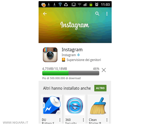 la schermata del download dell'applicazione sul tuo smartphone