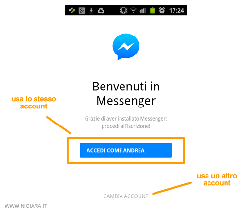 la registrazione e il primo accesso a FB messenger