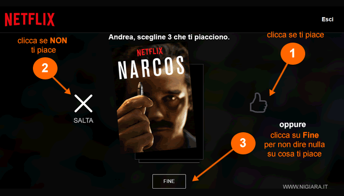scegli tre generi di serie tv che ti piacciono oppure clicca su Fine