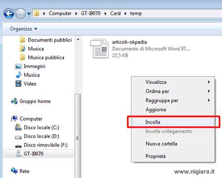 incolla il file nella memoria dello smartphone