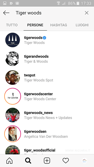 la schermata con i risultati di ricerca di instagram