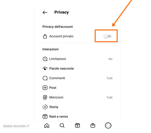premi su Account privato