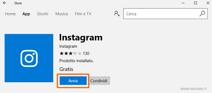 premi su Avvia per eseguire l'app di Instagram sul PC