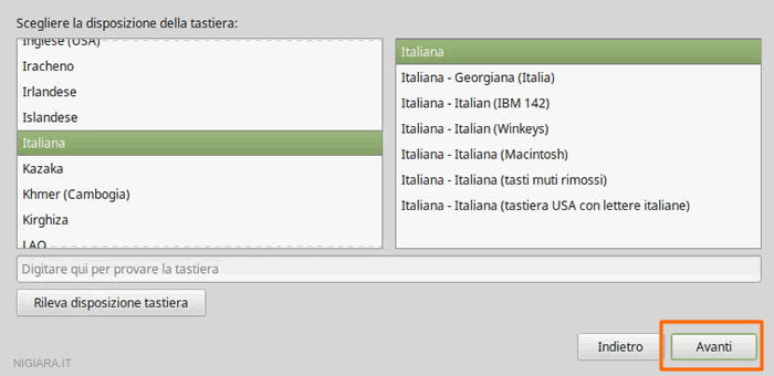 seleziona la lingua della keyboard del PC tra tastiera italiana, inglese, francese, ecc.