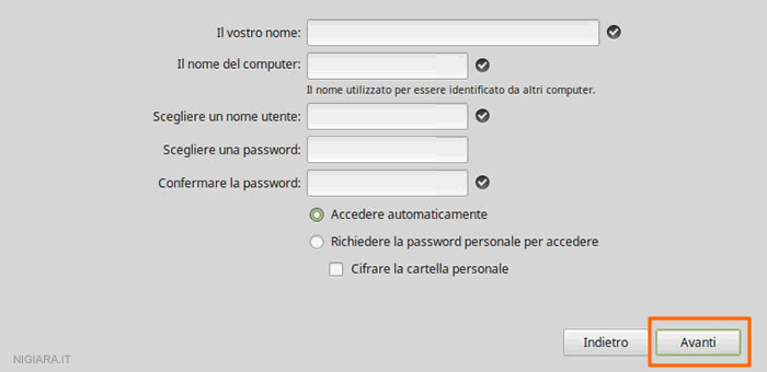 digita lo username e password da usare su Linux