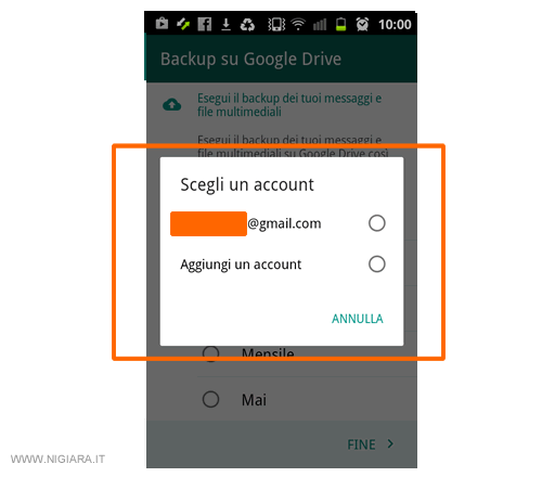 seleziona l'account Google da usare per salvare i dati