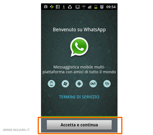 premi su Accetta e Continua per accettare i termini di Whatsapp