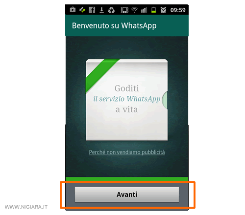 la prima schermata di benvenuto di Whatsapp