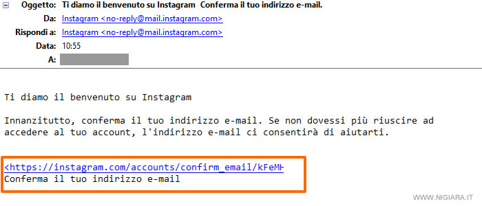 conferma l'iscrizione su Instagram cliccando sull'email