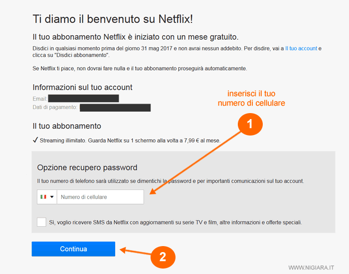 digita il tuo numero di telefonino poi clicca su Continua