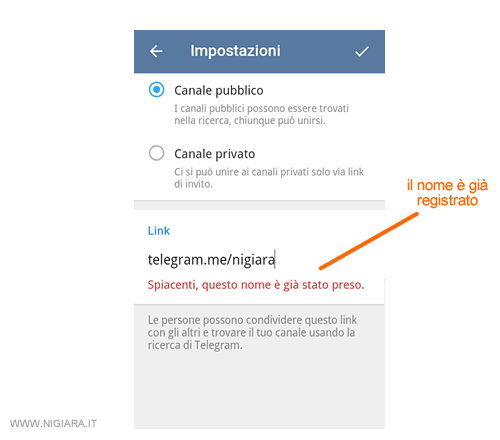 il nome del link è già registrato da altri e non puoi usarlo