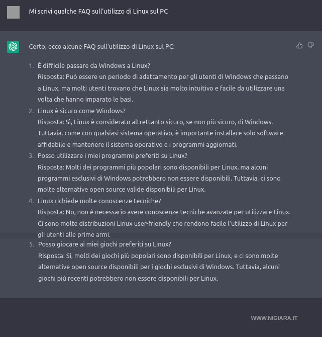 Un esempio di FAQ scritte da ChatGPT