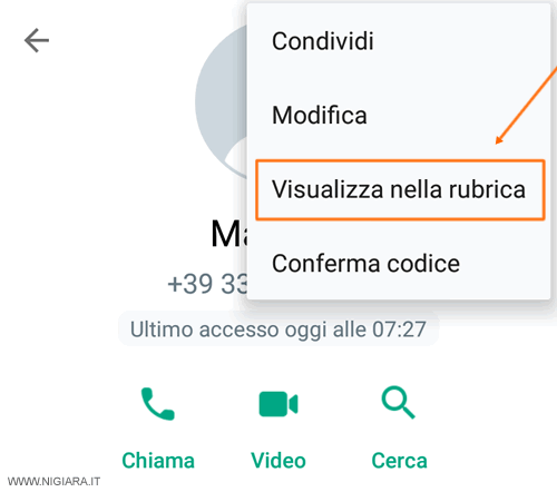 premi su Visualizza in rubrica