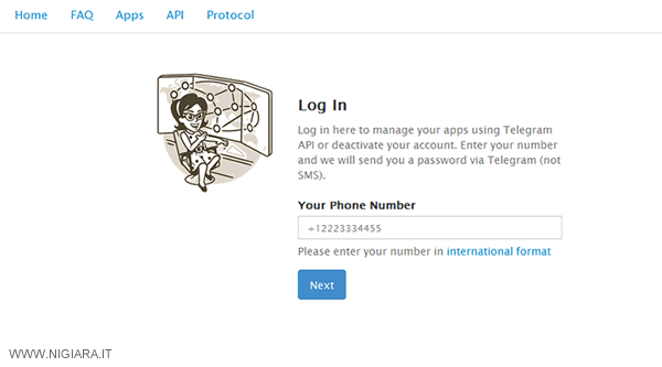 la pagina di disattivazione ufficiale di Telegram