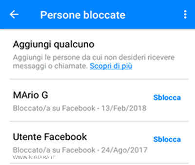 l'elenco delle persone bloccate su Messenger