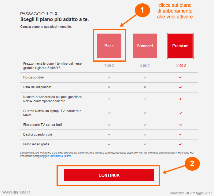 seleziona un piano di abbonamento a Netflix poi clicca su Continua