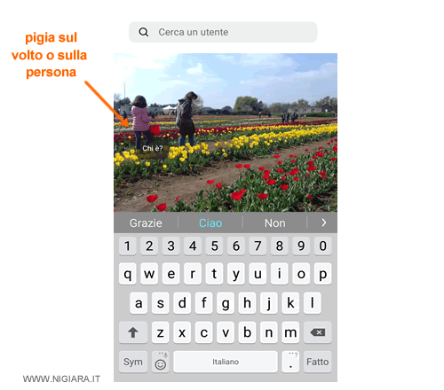 pigia sul volto o sul corpo della persona da taggare