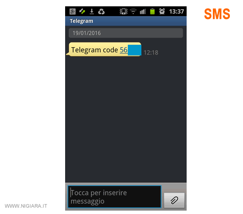 accesso a Telegram - il codice di conferma tramite SMS