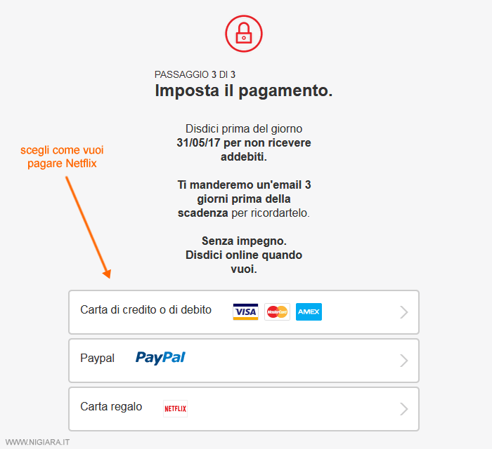 scegli un metodo di pagamento di Netflix