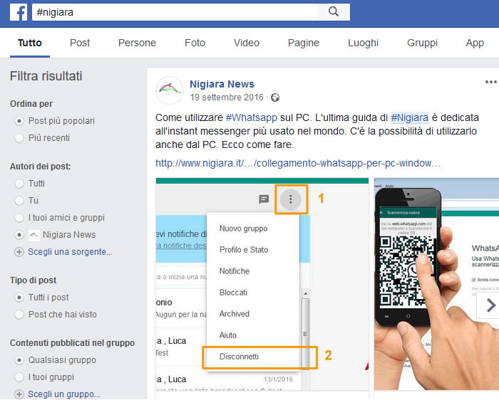 un esempio di ricerca su Facebook tramite hashtag