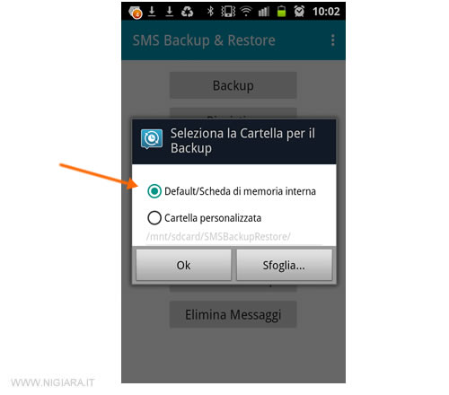 seleziona la cartella dove salvare l file di sicurezza dei messaggi