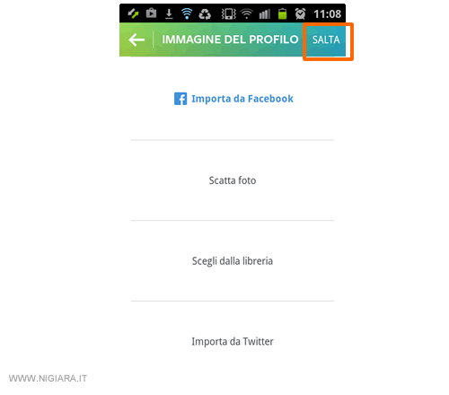 scegli una immagine per il profilo oppure clicca su Salta