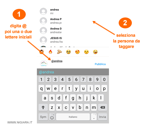 digita @ e qualche lettera poi seleziona l'utente da taggare nel commento