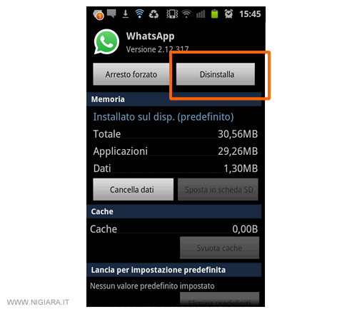 premi sul pulsante disinstalla l'applicazione