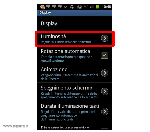 seleziona l'icona per regolare la luminosità del display