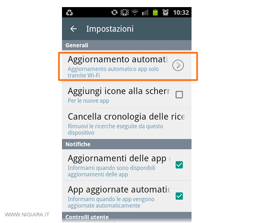 selezionare Aggiornamento automatico delle app