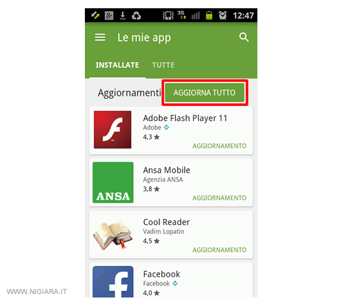 l'aggiornamento automatico delle applicazioni