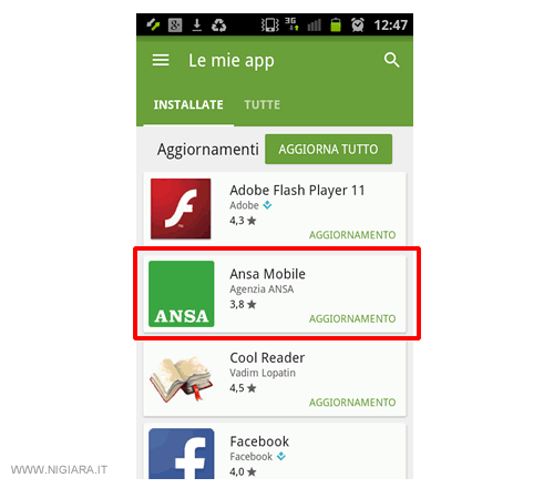 scegli l'app da aggiornare