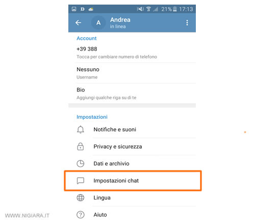 Premi sulla voce Impostazioni Chat
