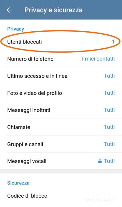 seleziona la voce Utenti bloccati