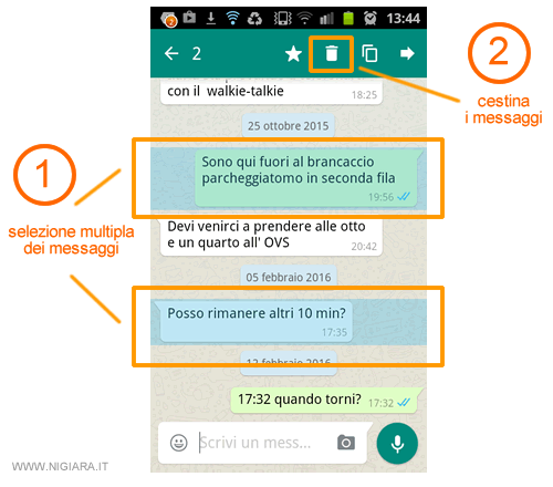 un esempio di cancellazione multplipla di diversi messaggi nella chat