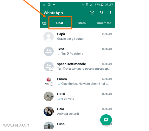 premi su Chat nel menù in alto