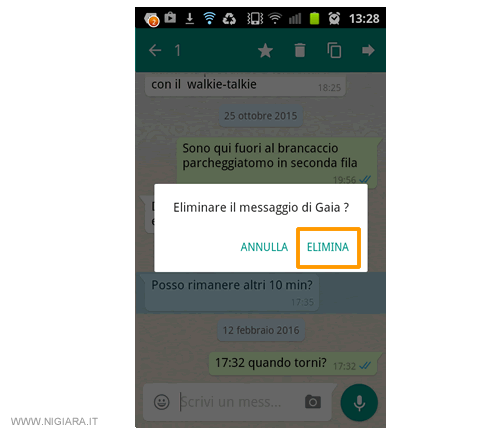 conferma la cancellazione del singolo messaggio nella chat
