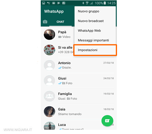 Premi sulla voce Impostazoni nel menù principale di Whatsapp