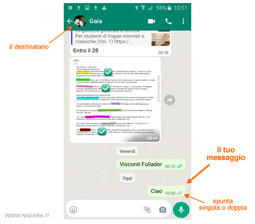 la lista dei messaggi spediti a un amico su Whatsapp